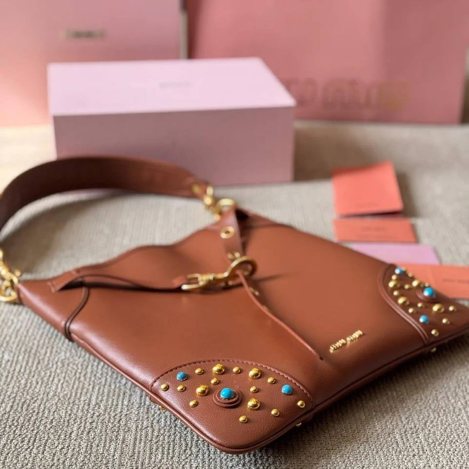 Miu Miu Black Shoulder Bag with Gold Studs and Turquoise Accents