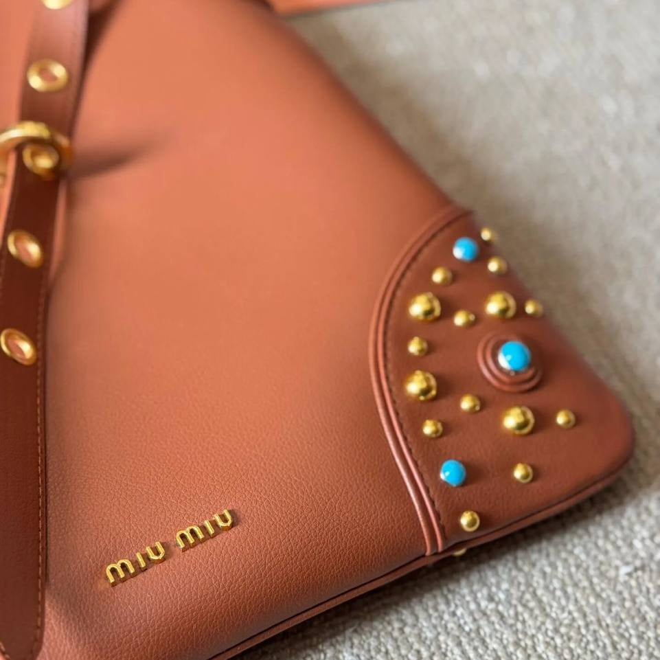 Miu Miu Black Shoulder Bag with Gold Studs and Turquoise Accents