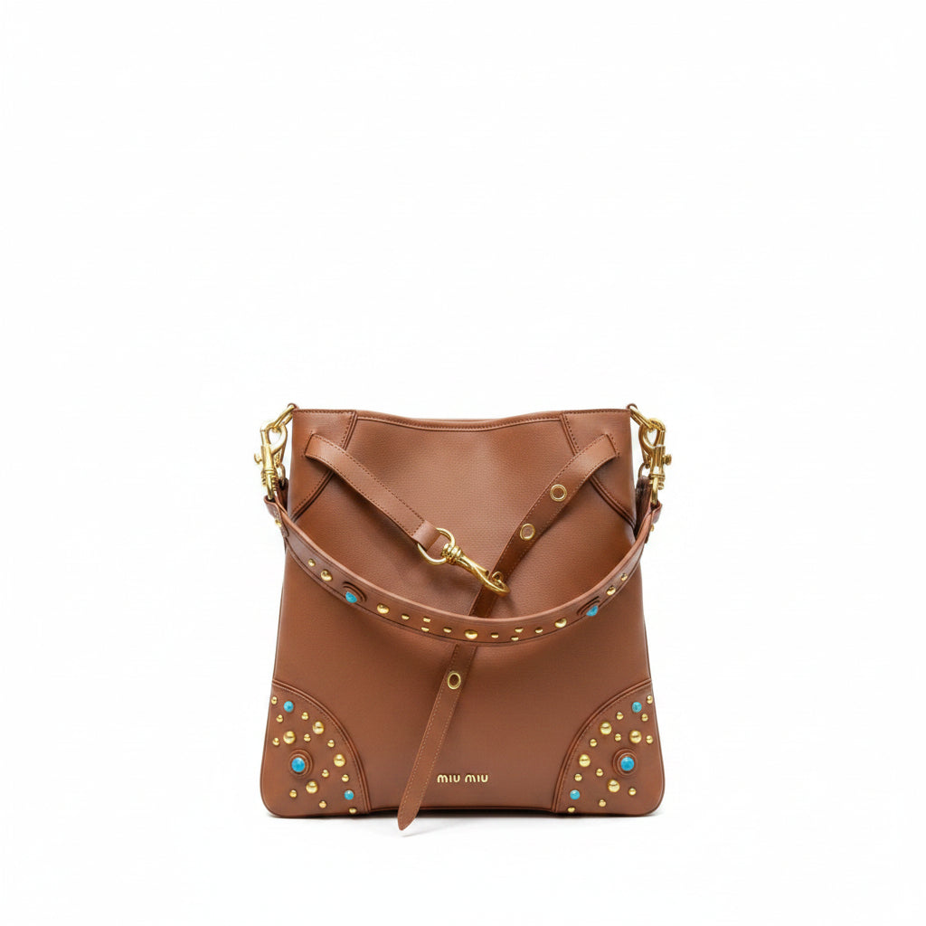 Miu Miu Black Shoulder Bag with Gold Studs and Turquoise Accents