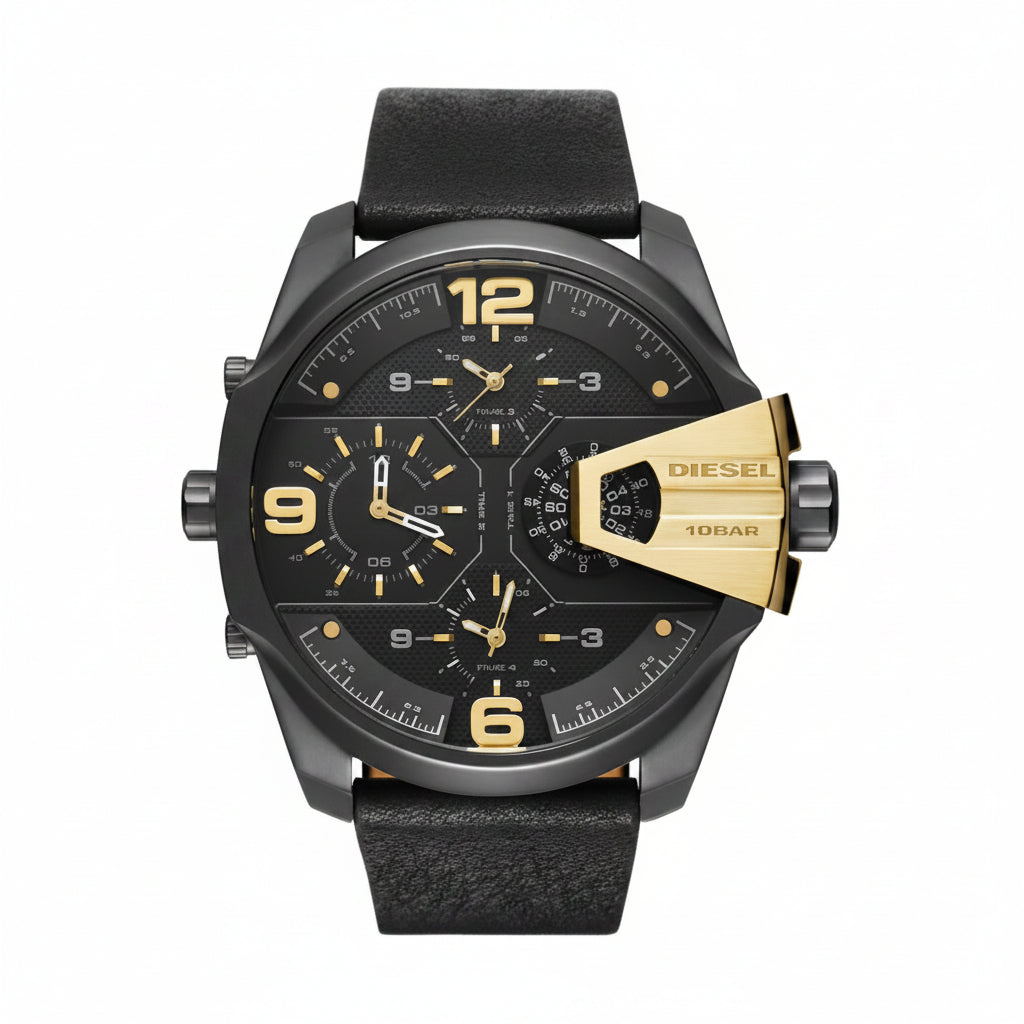 Diesel DZ7377 Bold Black and Gold Leather Chronograph Watch