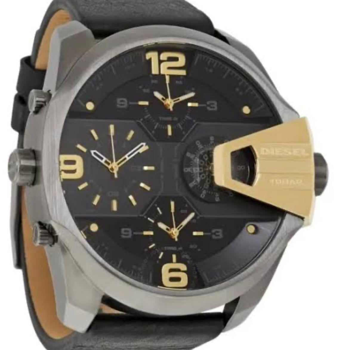 Diesel DZ7377 Bold Black and Gold Leather Chronograph Watch