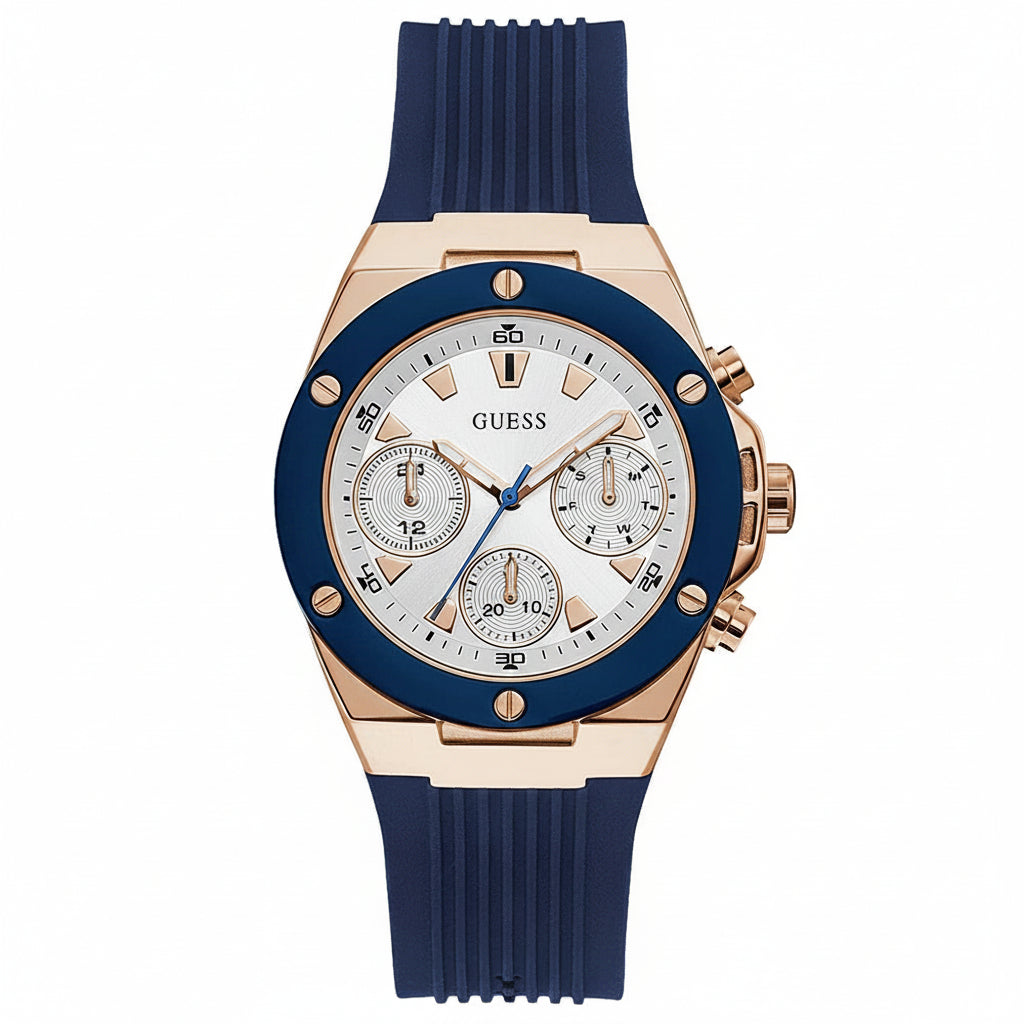 Guess Rose Gold and Blue Chronograph Silicone Watch