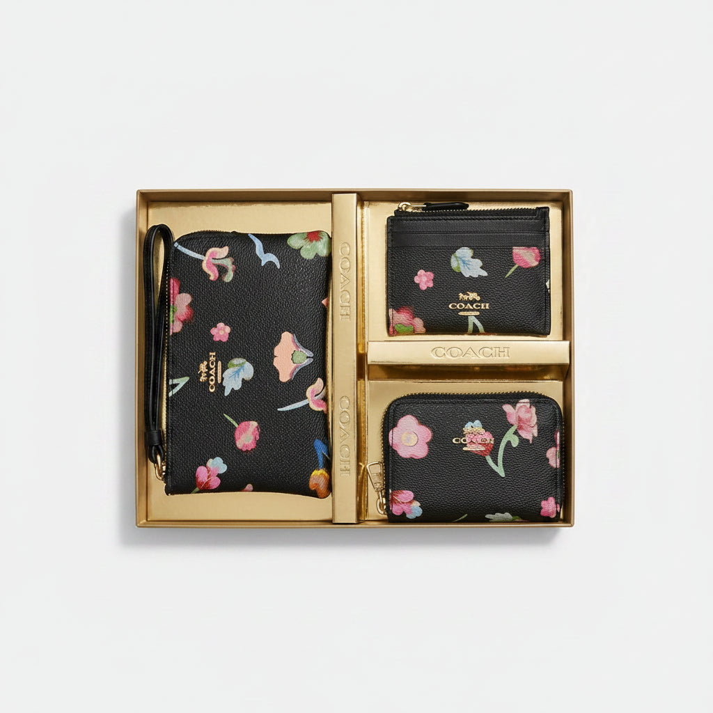 Coach Floral Print Three Piece Wristlet and Wallet Gift Set