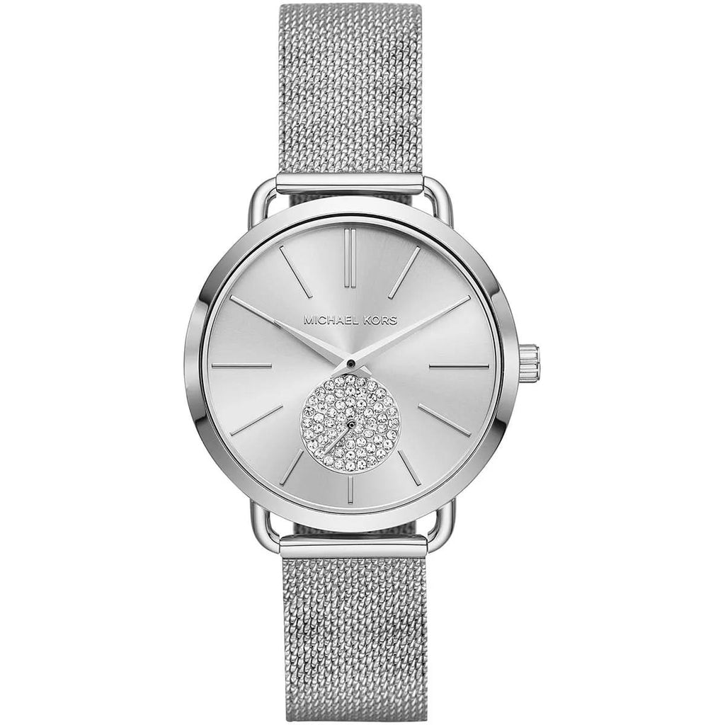 Michael Kors Silver Mesh Watch with Crystal Embellished Sub-Dial