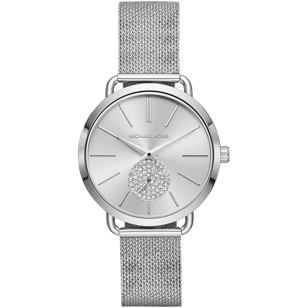 Michael Kors Silver Mesh Watch with Crystal Embellished Sub-Dial
