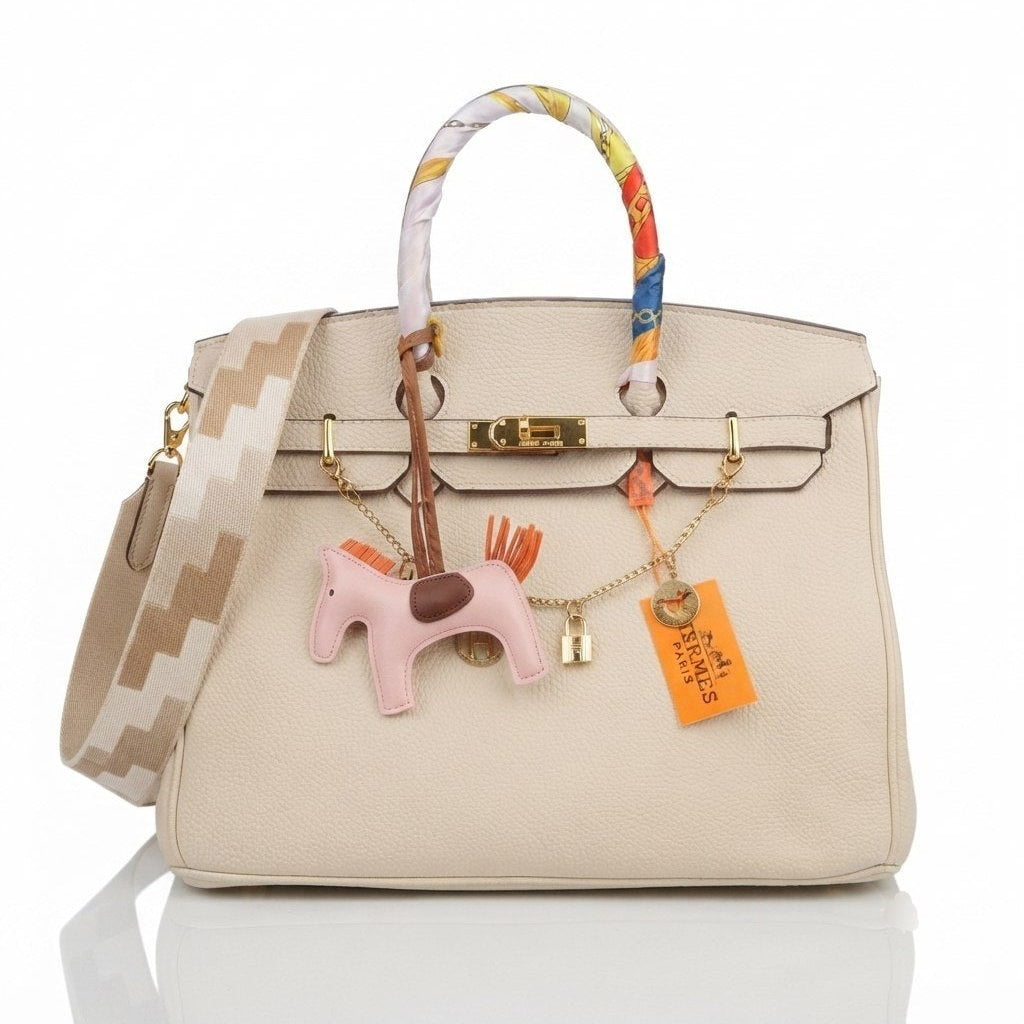 Soft Leather Structured Satchel with Decorative Scarf and Horse Charm