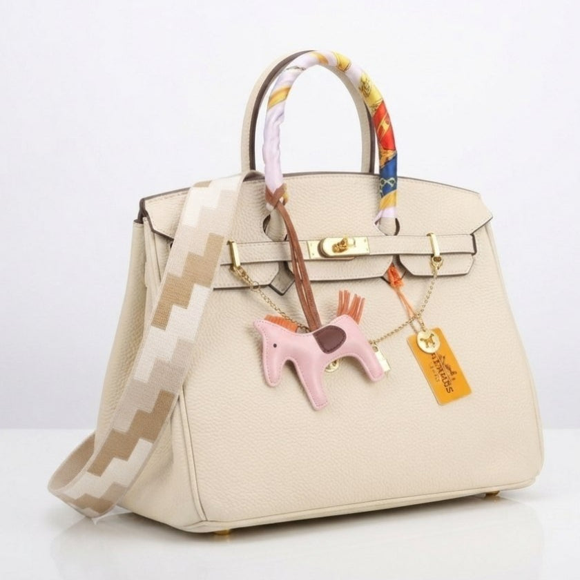 Soft Leather Structured Satchel with Decorative Scarf and Horse Charm