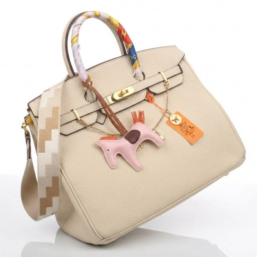Soft Leather Structured Satchel with Decorative Scarf and Horse Charm