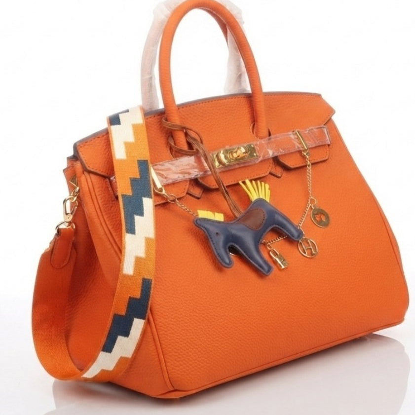 Soft Leather Structured Satchel with Decorative Scarf and Horse Charm