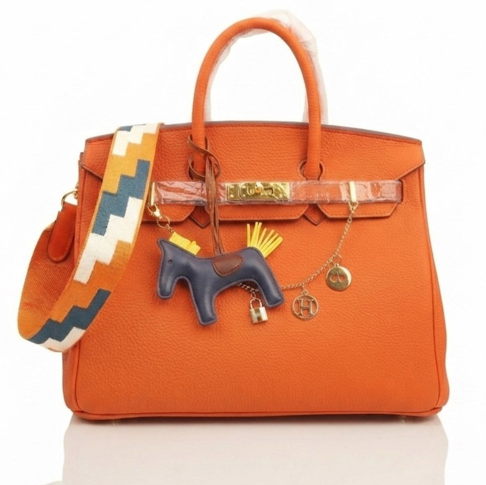 Soft Leather Structured Satchel with Decorative Scarf and Horse Charm
