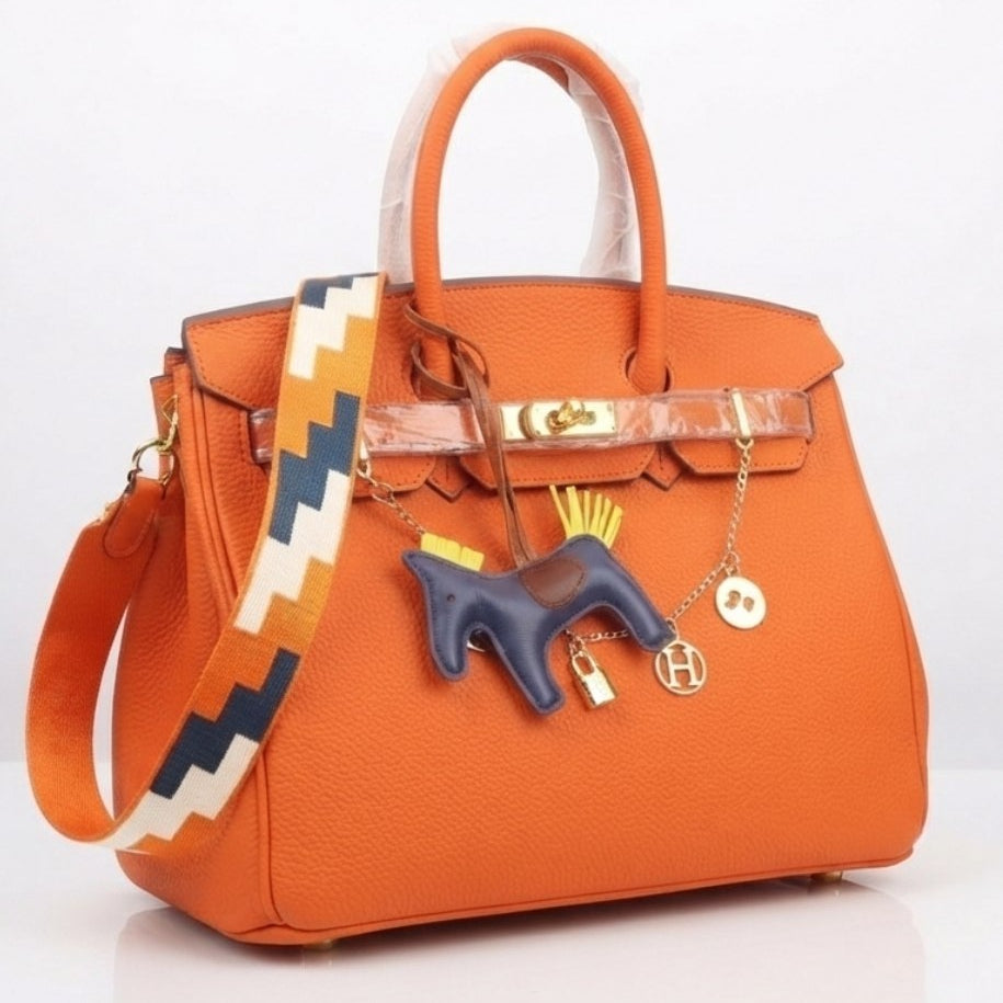 Soft Leather Structured Satchel with Decorative Scarf and Horse Charm