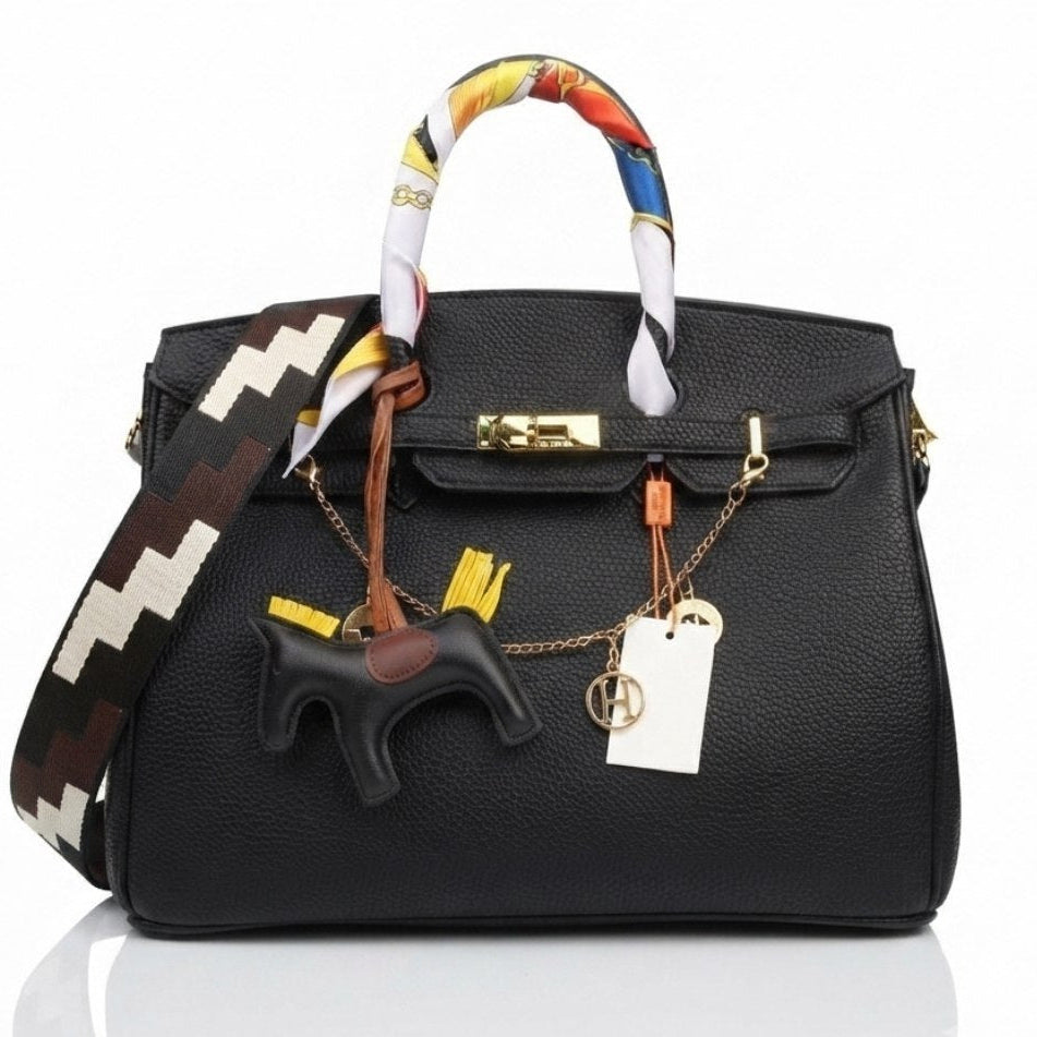Soft Leather Structured Satchel with Decorative Scarf and Horse Charm