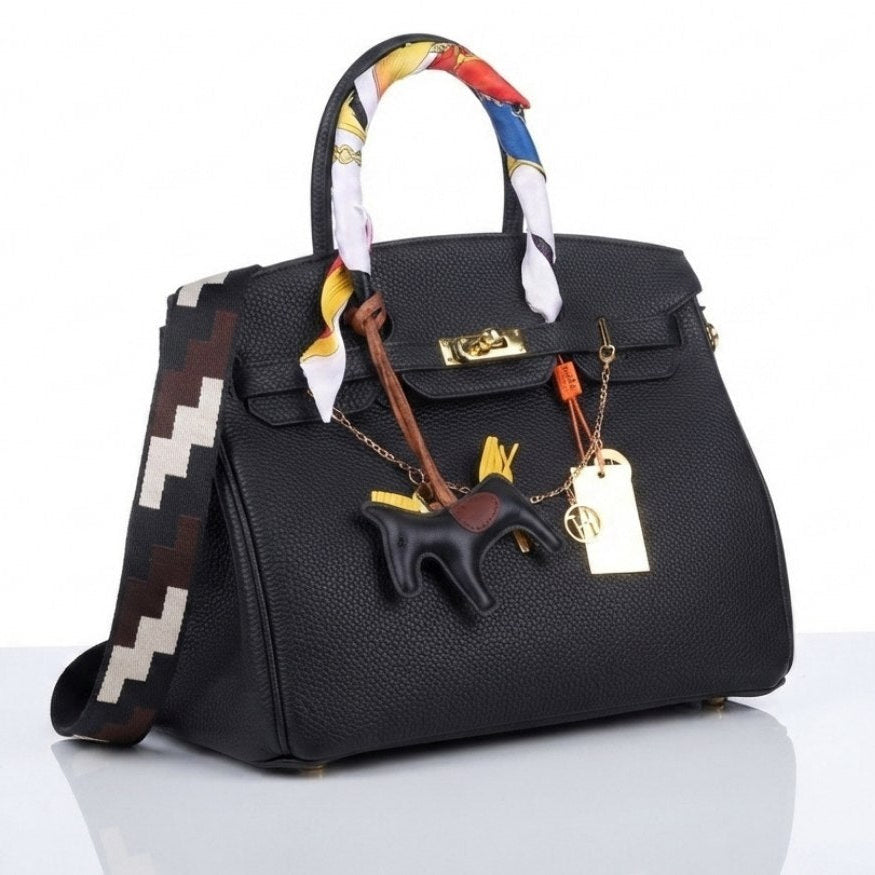Soft Leather Structured Satchel with Decorative Scarf and Horse Charm