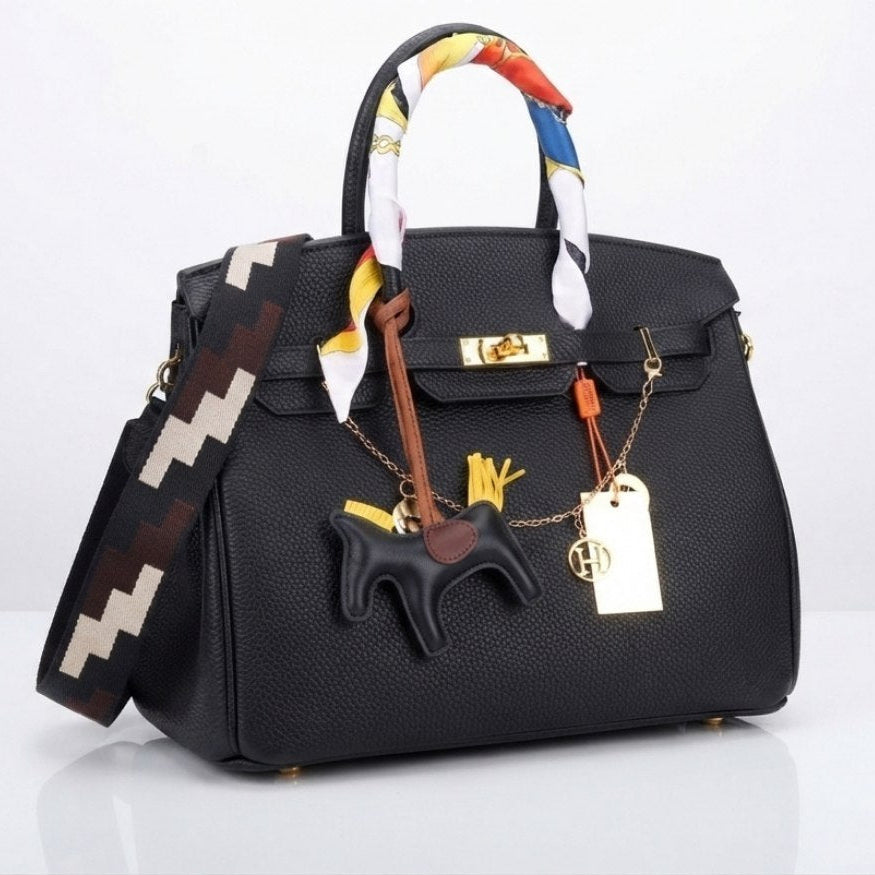 Soft Leather Structured Satchel with Decorative Scarf and Horse Charm