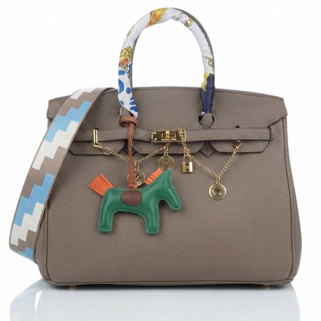 Soft Leather Structured Satchel with Decorative Scarf and Horse Charm
