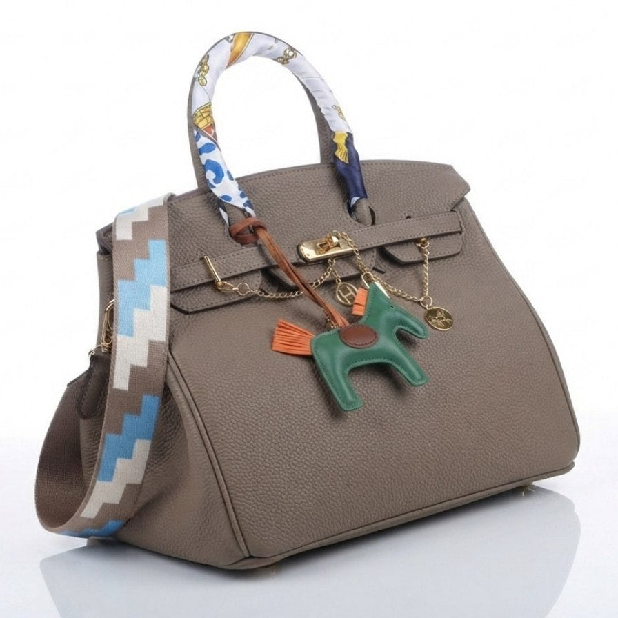Soft Leather Structured Satchel with Decorative Scarf and Horse Charm