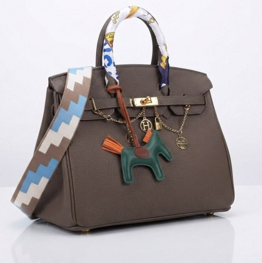 Soft Leather Structured Satchel with Decorative Scarf and Horse Charm