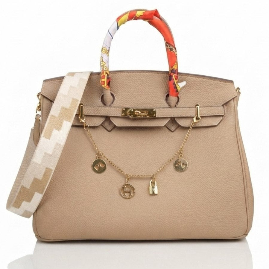 Soft Leather Structured Satchel with Decorative Scarf and Horse Charm