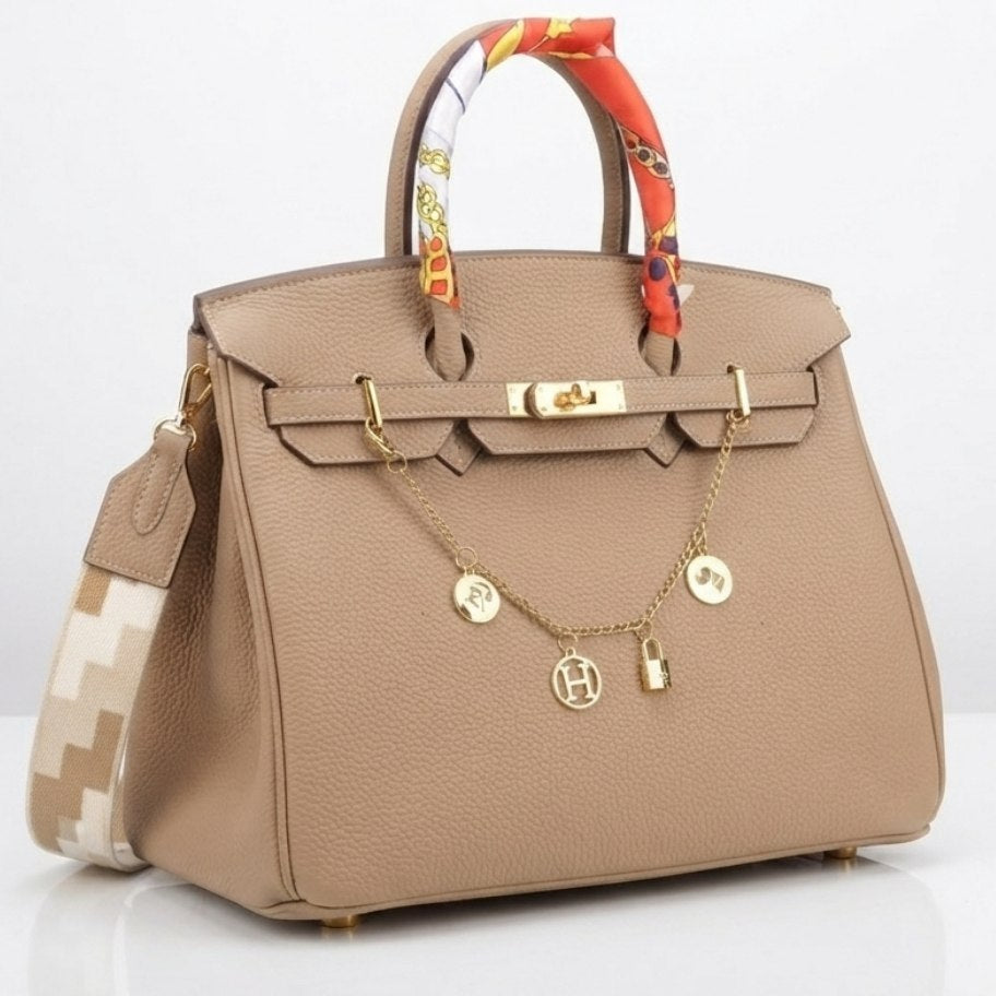 Soft Leather Structured Satchel with Decorative Scarf and Horse Charm