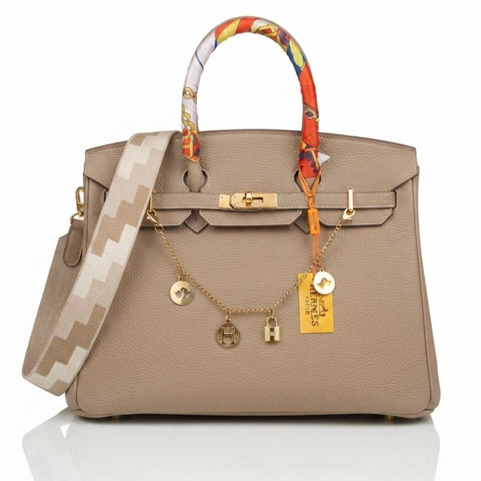 Soft Leather Structured Satchel with Decorative Scarf and Horse Charm