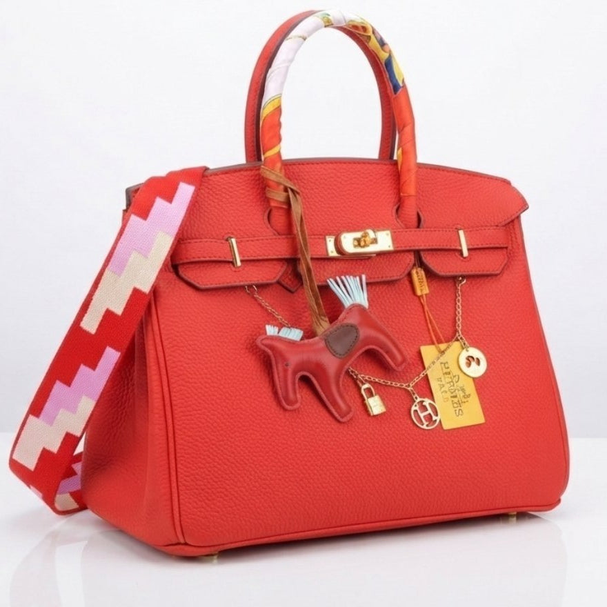 Soft Leather Structured Satchel with Decorative Scarf and Horse Charm