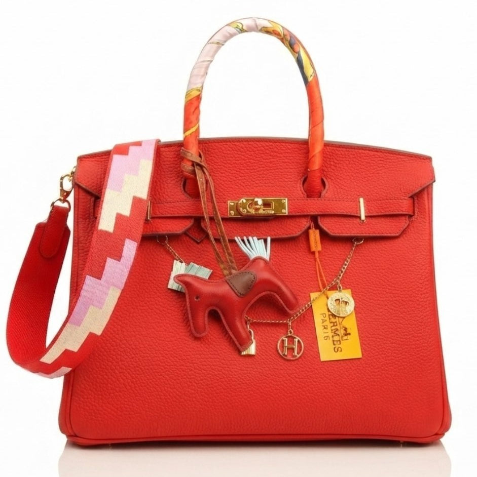 Soft Leather Structured Satchel with Decorative Scarf and Horse Charm