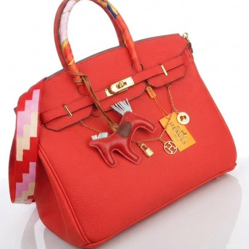 Soft Leather Structured Satchel with Decorative Scarf and Horse Charm