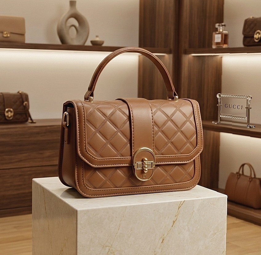Elegant Quilted Top Handle Crossbody with Gold Tone Lock