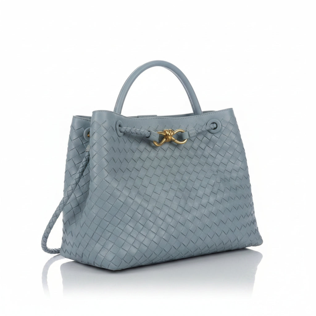 Bottega Veneta Style Woven Handbag with Gold Knot Detail