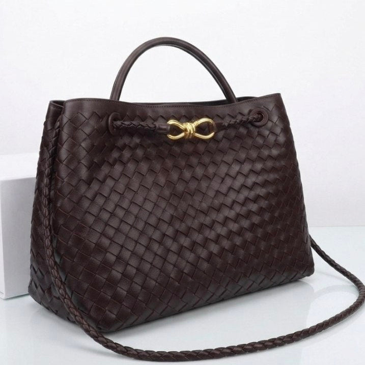 Bottega Veneta Style Woven Handbag with Gold Knot Detail