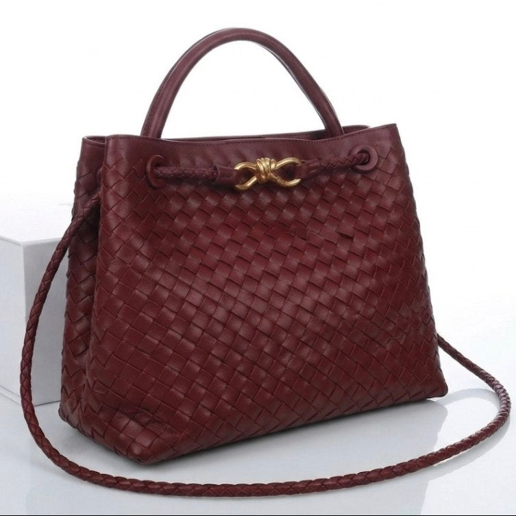 Bottega Veneta Style Woven Handbag with Gold Knot Detail