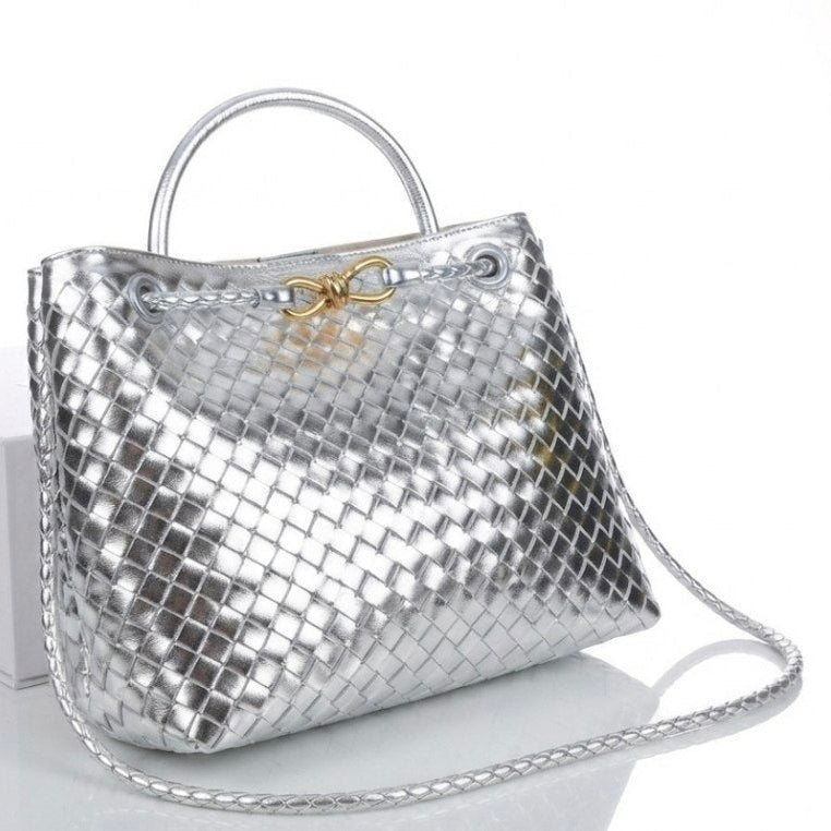 Bottega Veneta Style Woven Handbag with Gold Knot Detail
