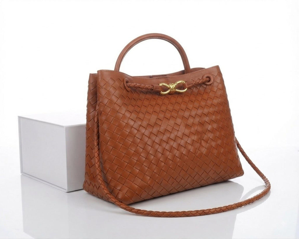 Bottega Veneta Style Woven Handbag with Gold Knot Detail