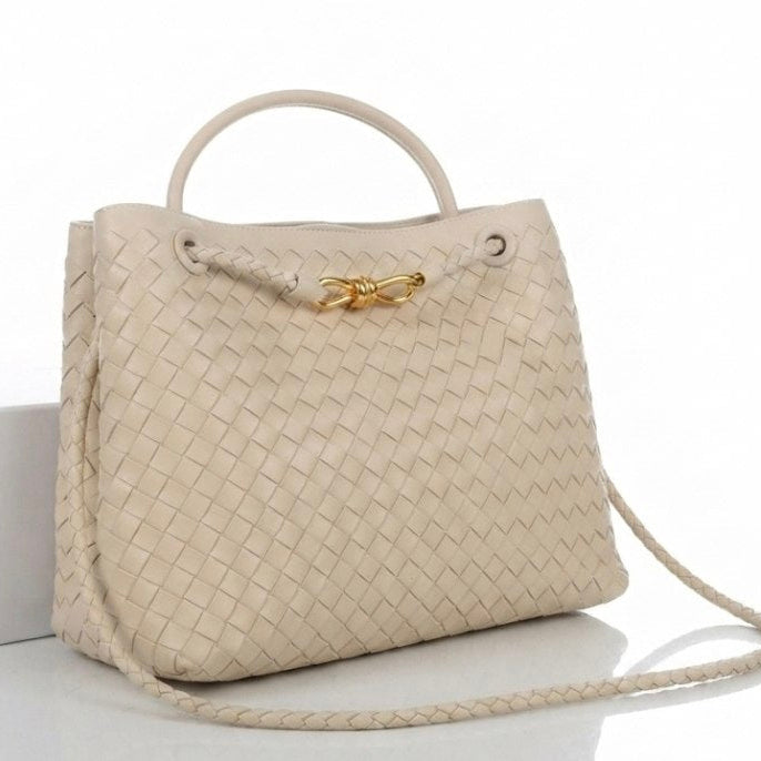 Bottega Veneta Style Woven Handbag with Gold Knot Detail