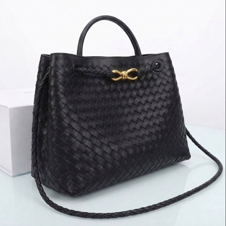 Bottega Veneta Style Woven Handbag with Gold Knot Detail