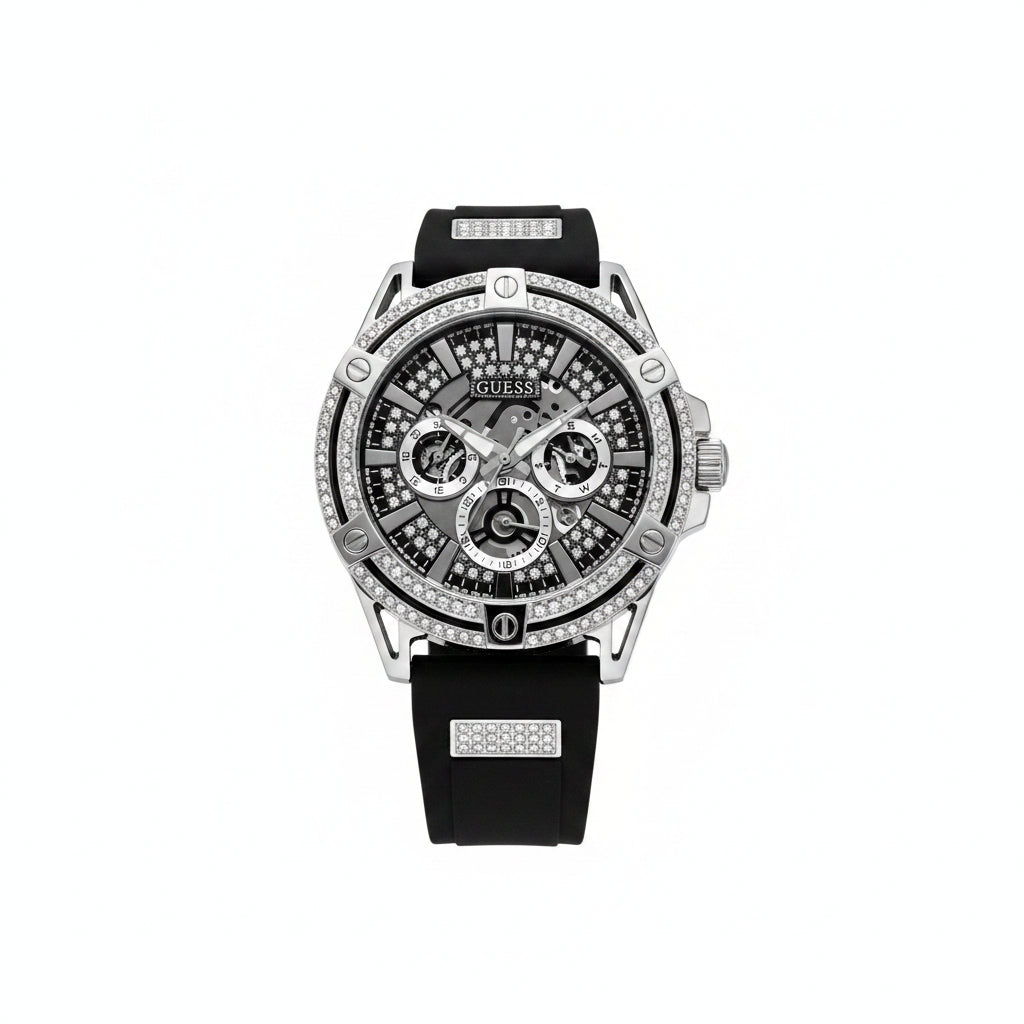 Guess Men's Crystal Bezel Chronograph Watch with Black Rubber Strap