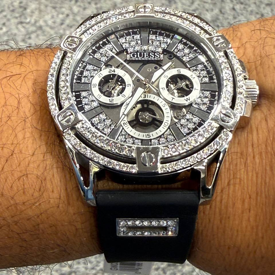 Guess Men's Crystal Bezel Chronograph Watch with Black Rubber Strap