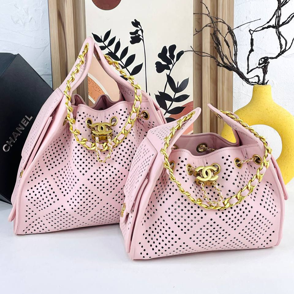Chanel Perforated Leather Bucket Bag with Gold Chain