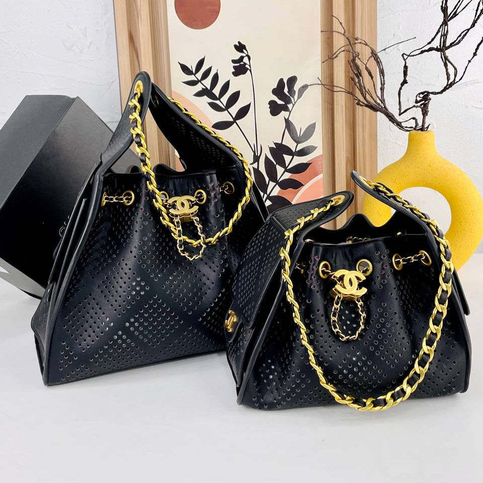 Chanel Perforated Leather Bucket Bag with Gold Chain