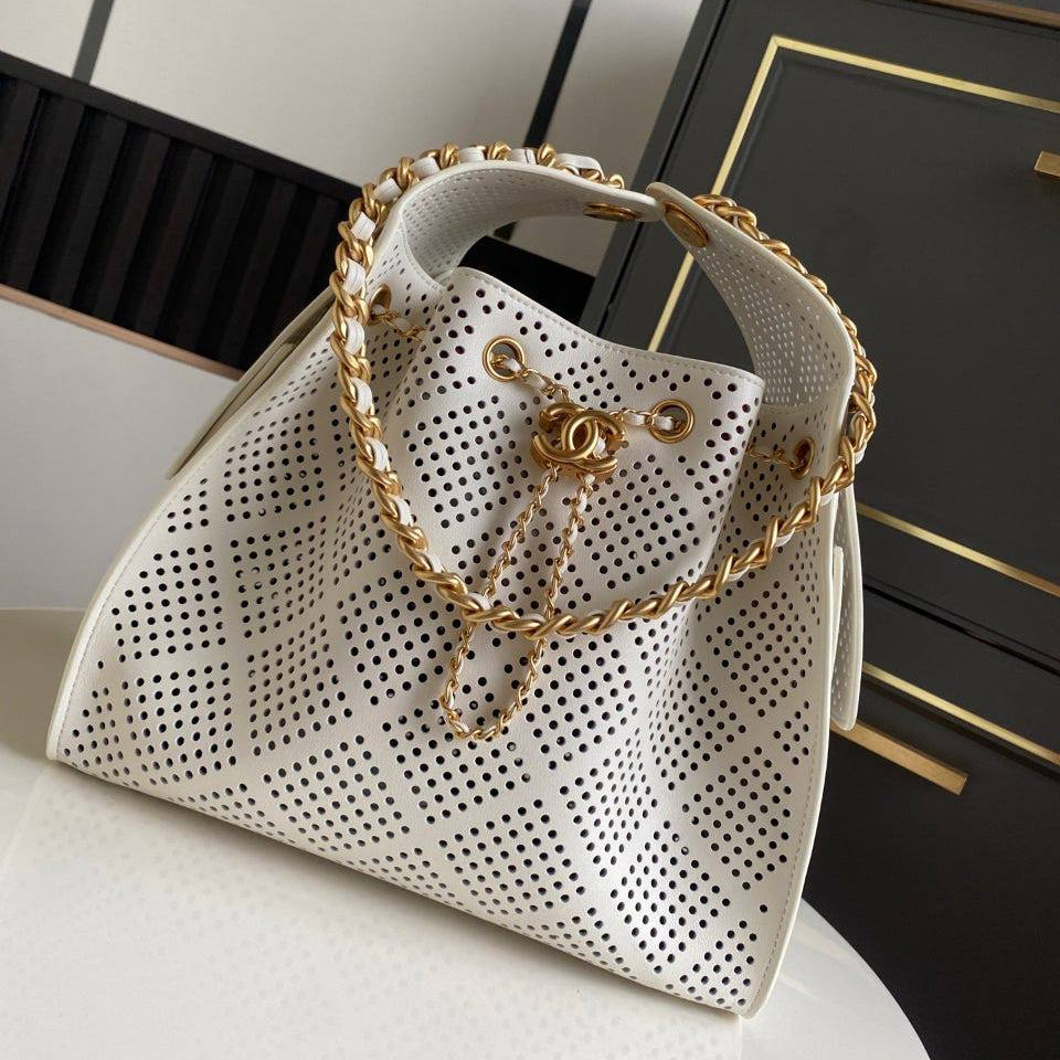 Chanel Perforated Leather Bucket Bag with Gold Chain