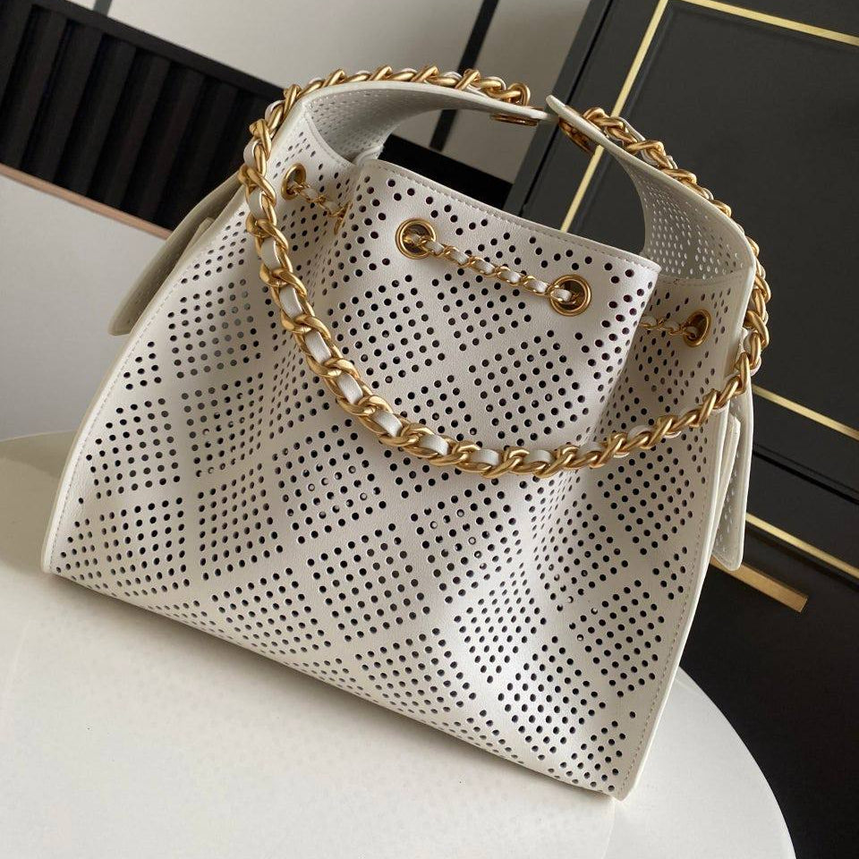 Chanel Perforated Leather Bucket Bag with Gold Chain