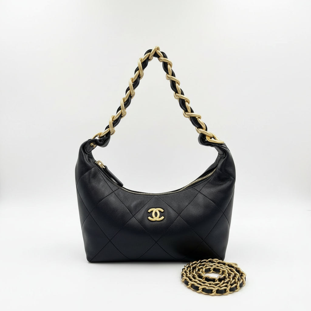 Chanel Quilted Hobo Bag with Gold Tone Chain Handle