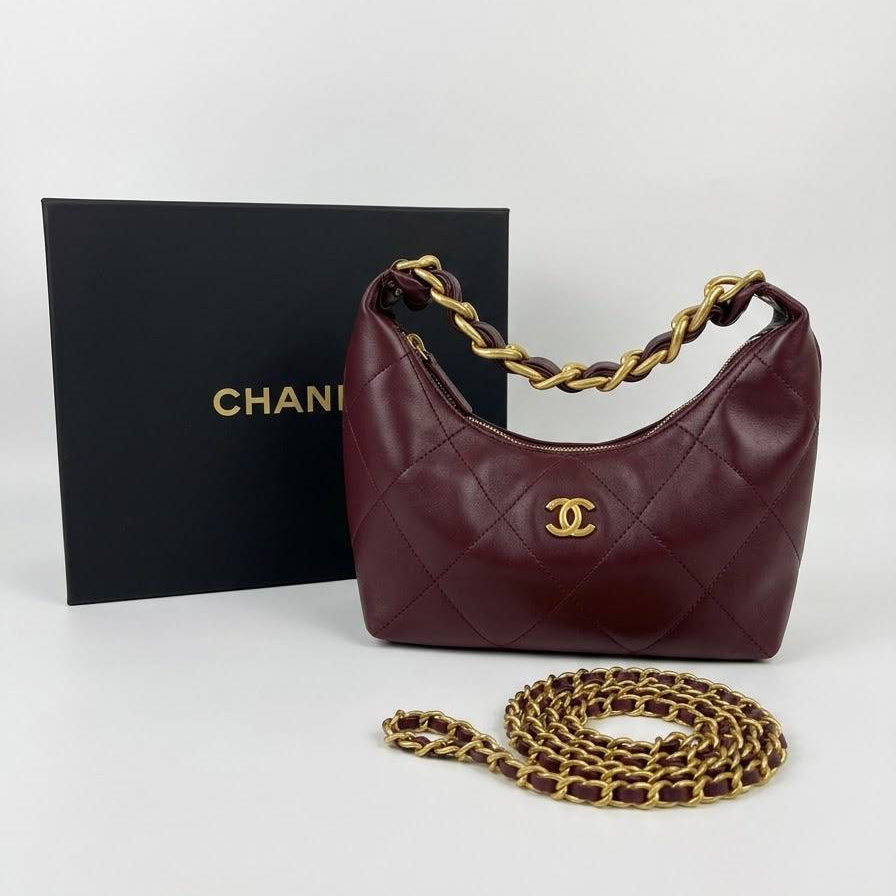 Chanel Quilted Hobo Bag with Gold Tone Chain Handle