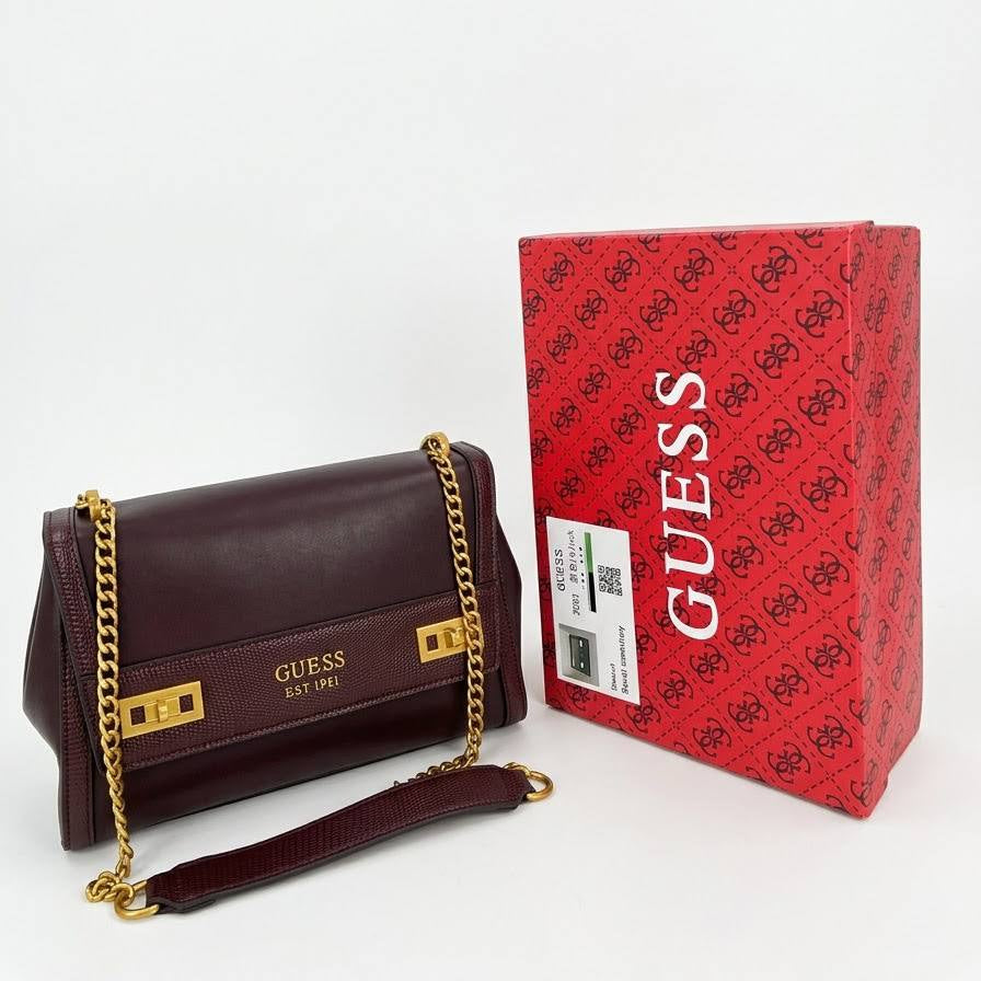 Guess Gold Chain Shoulder Bag in Rich Burgundy