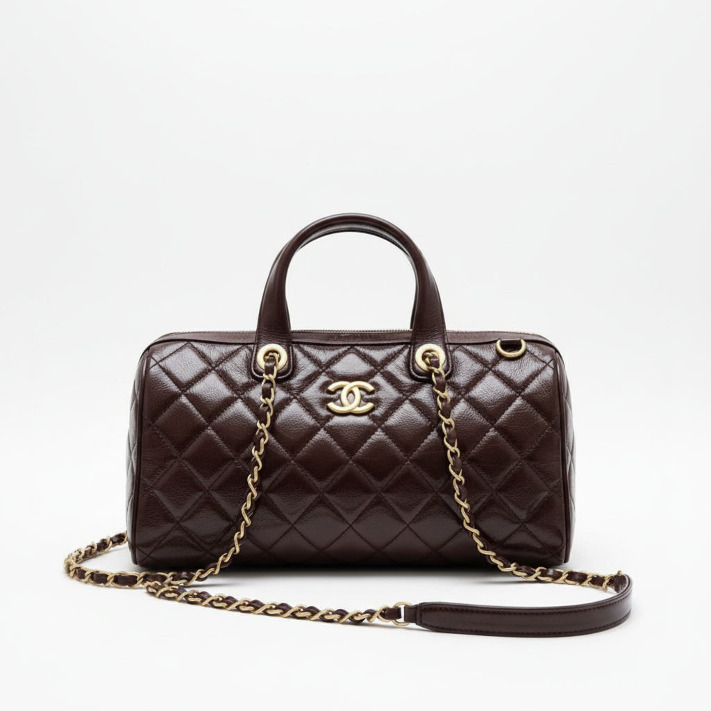 Chanel Brown Quilted Leather Handbag with Gold-Tone Chain