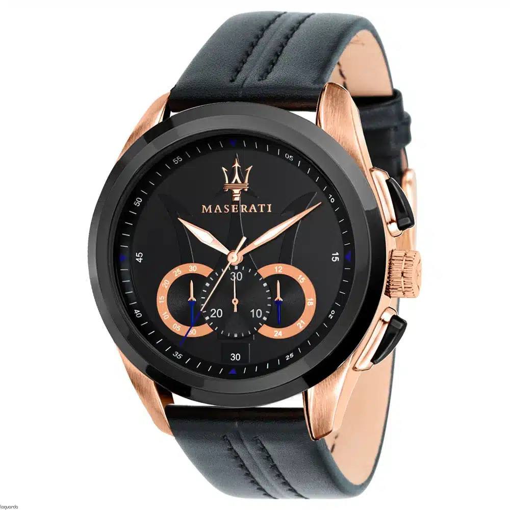 Maserati Chronograph Rose Gold and Black Leather Watch