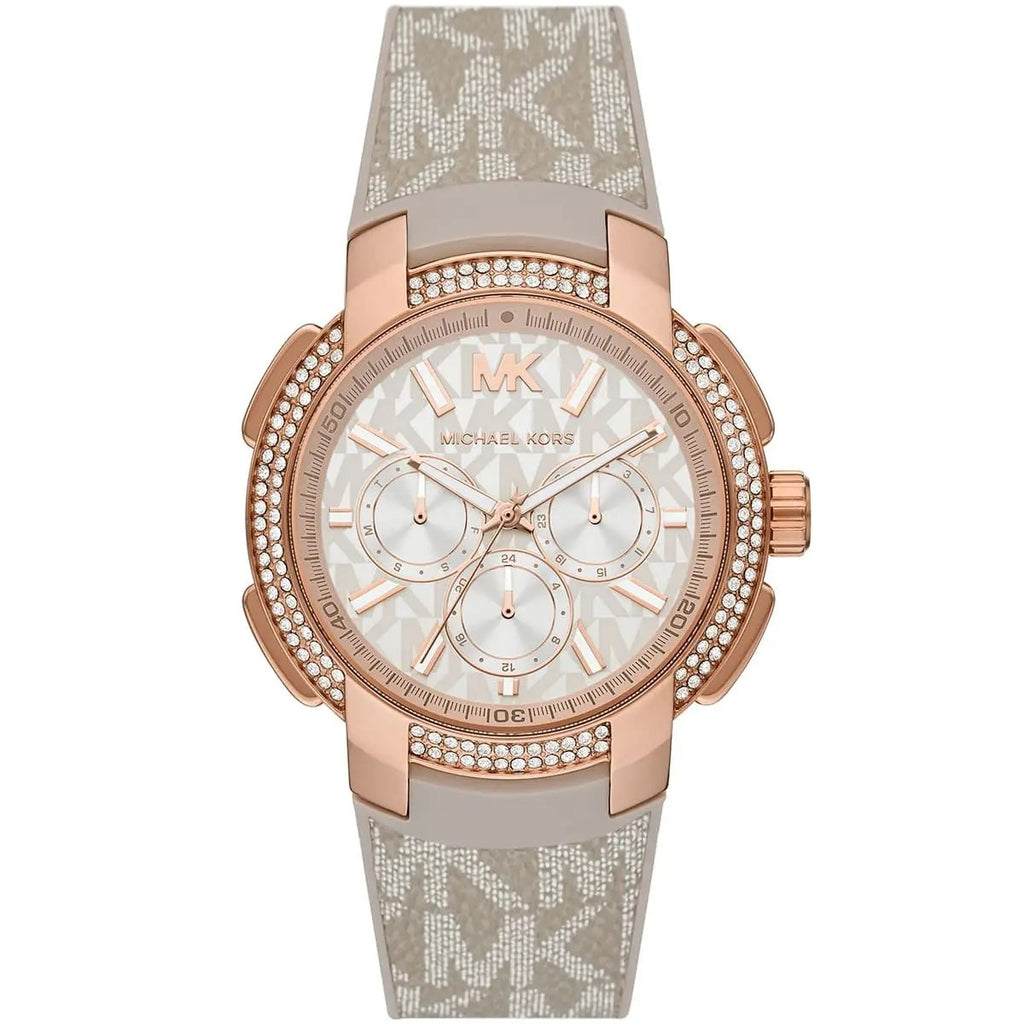 Michael Kors Rose Gold Monogram Chronograph Watch with Crystal Bezel