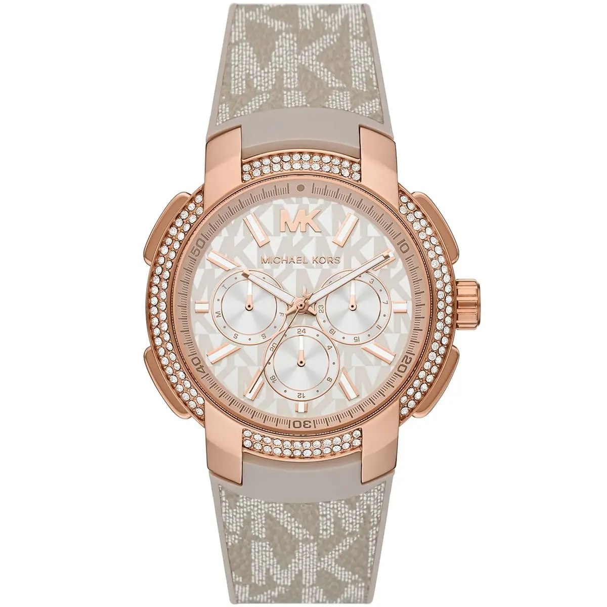 Michael Kors Rose Gold Monogram Chronograph Watch with Crystal Bezel