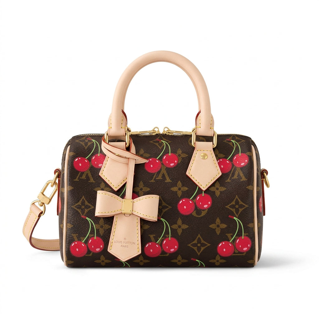 Louis Vuitton Style Cherry Print Satchel with Bow Detail