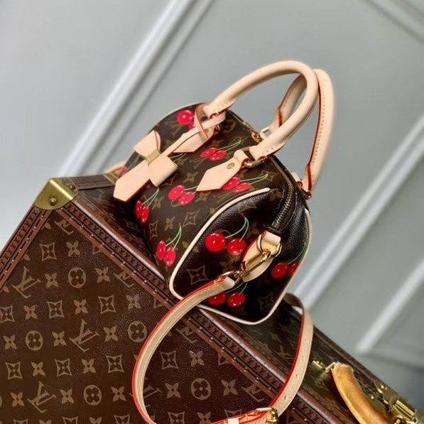 Louis Vuitton Style Cherry Print Satchel with Bow Detail